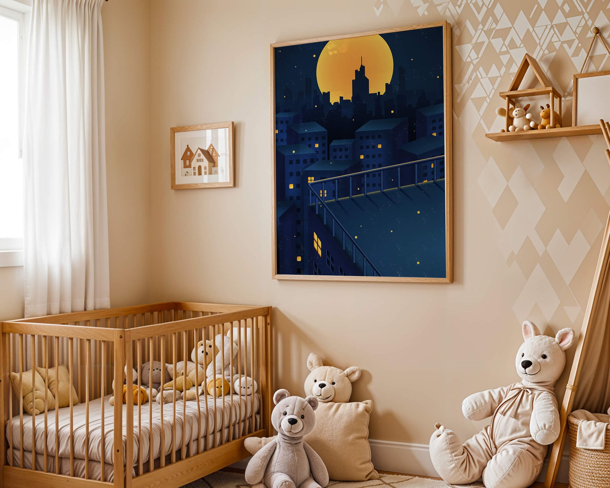 City Rooftop at Night with Illuminated Windows and Full Moon