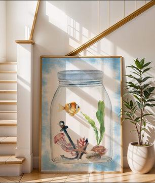 Watercolor illustration of marine life in a jar with a clownfish