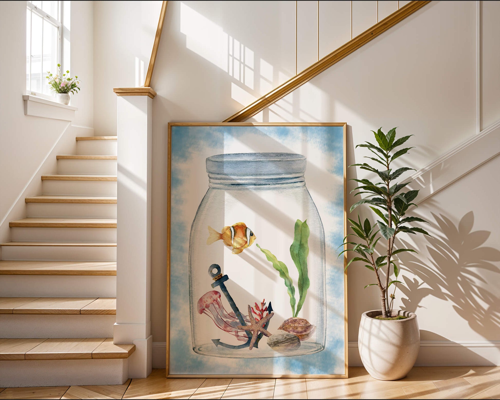 Watercolor illustration of marine life in a jar with a clownfish