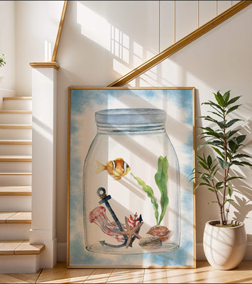 Watercolor illustration of marine life in a jar with a clownfish