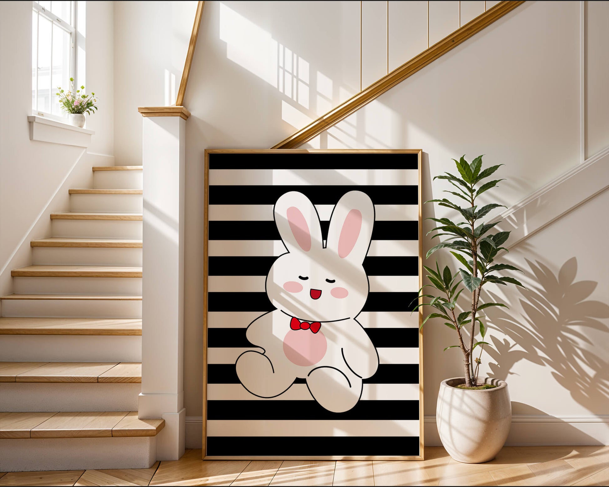 Adorable cartoon bunny with bold stripes and a red bow tie