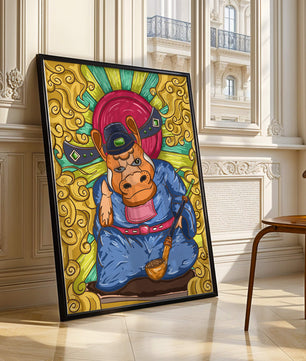Ilustración colorida de un personaje animal caprichoso con alrededores ornamentados