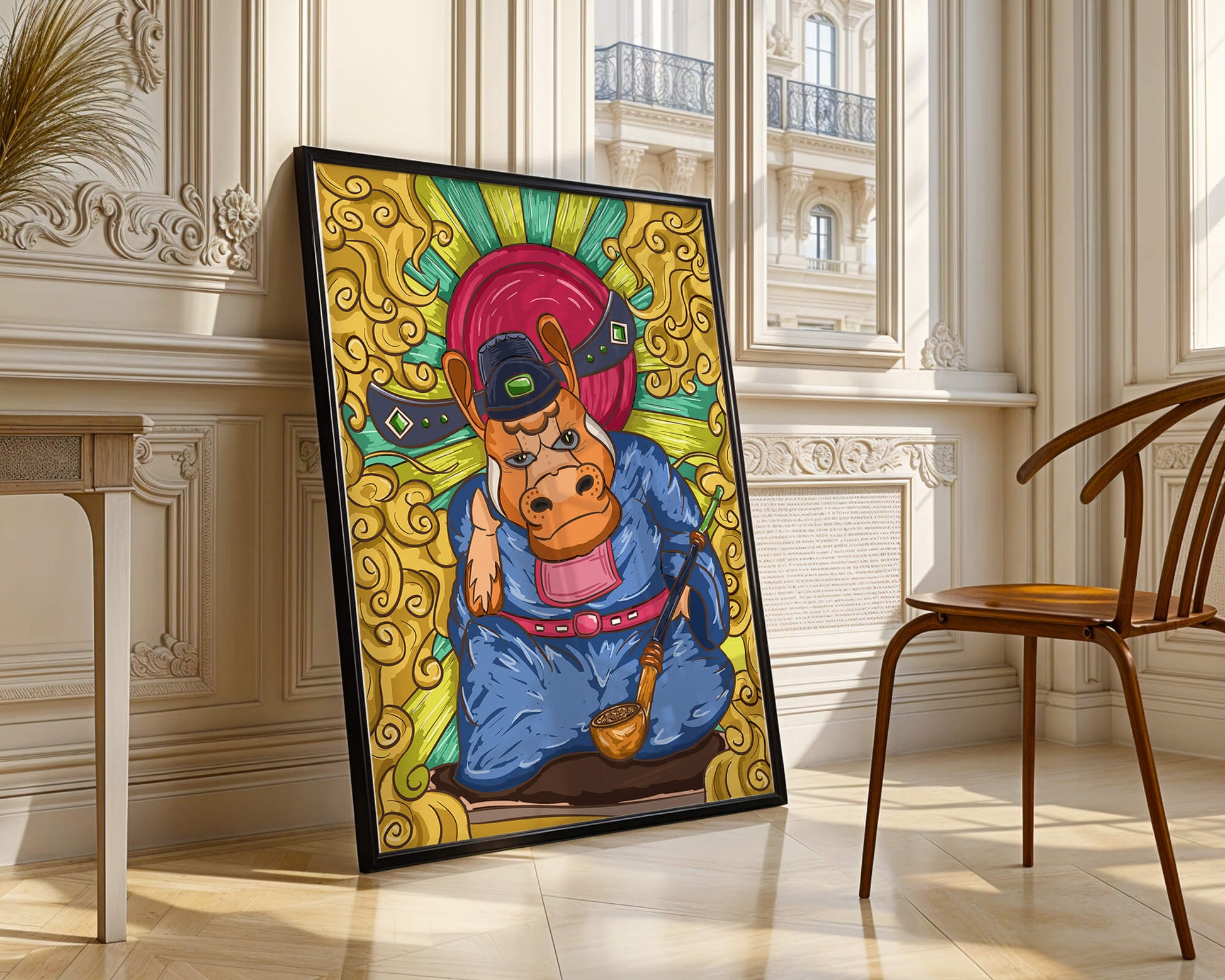Traducción al español: Ilustración colorida de un personaje animal caprichoso con decoraciones ornamentadas a su alrededor.