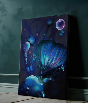 Illuminated Blue Butterflies with Glowing Bubbles in Enchanted Darkness