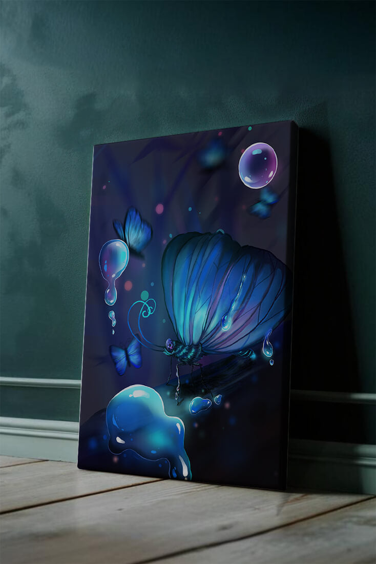 Illuminated Blue Butterflies with Glowing Bubbles in Enchanted Darkness