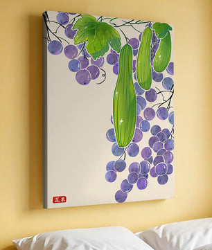 Ilustración de uvas y pepino con colores vibrantes y hojas