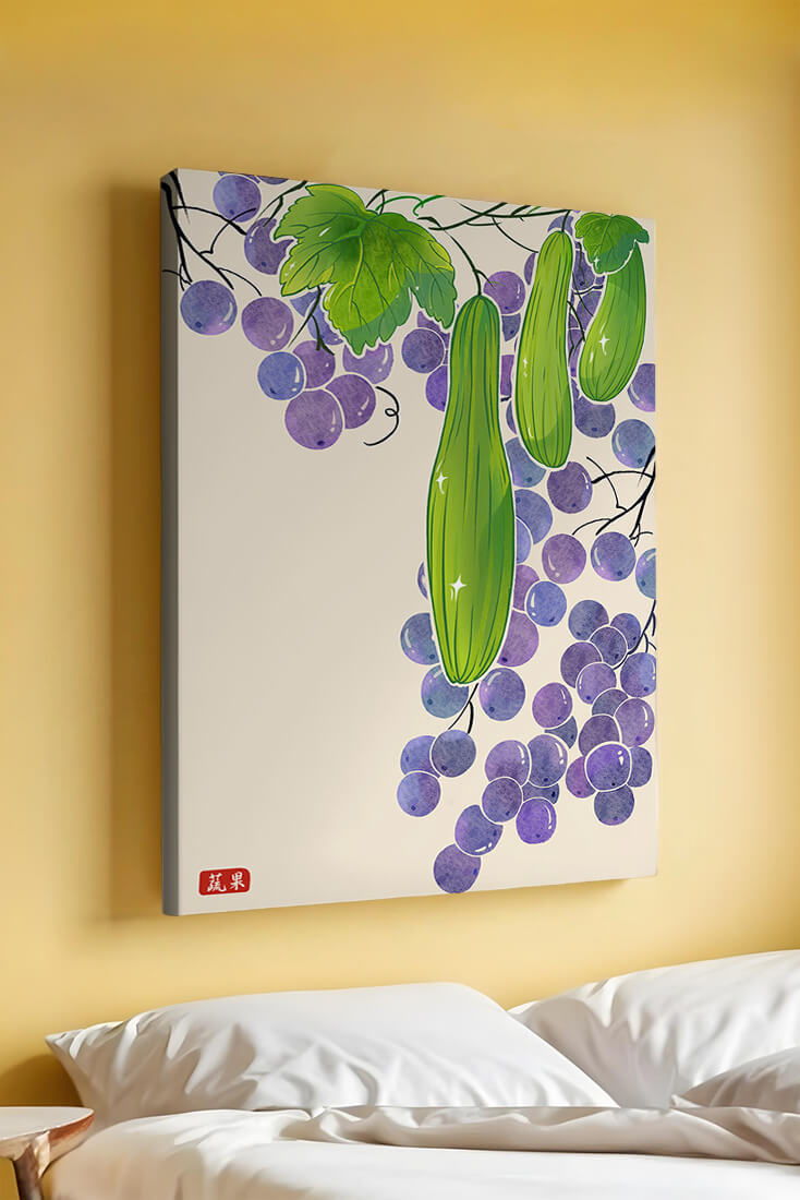 Ilustración de uvas y pepino con colores vibrantes y hojas