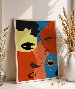 Abstract faces with vibrant colors and gold accents