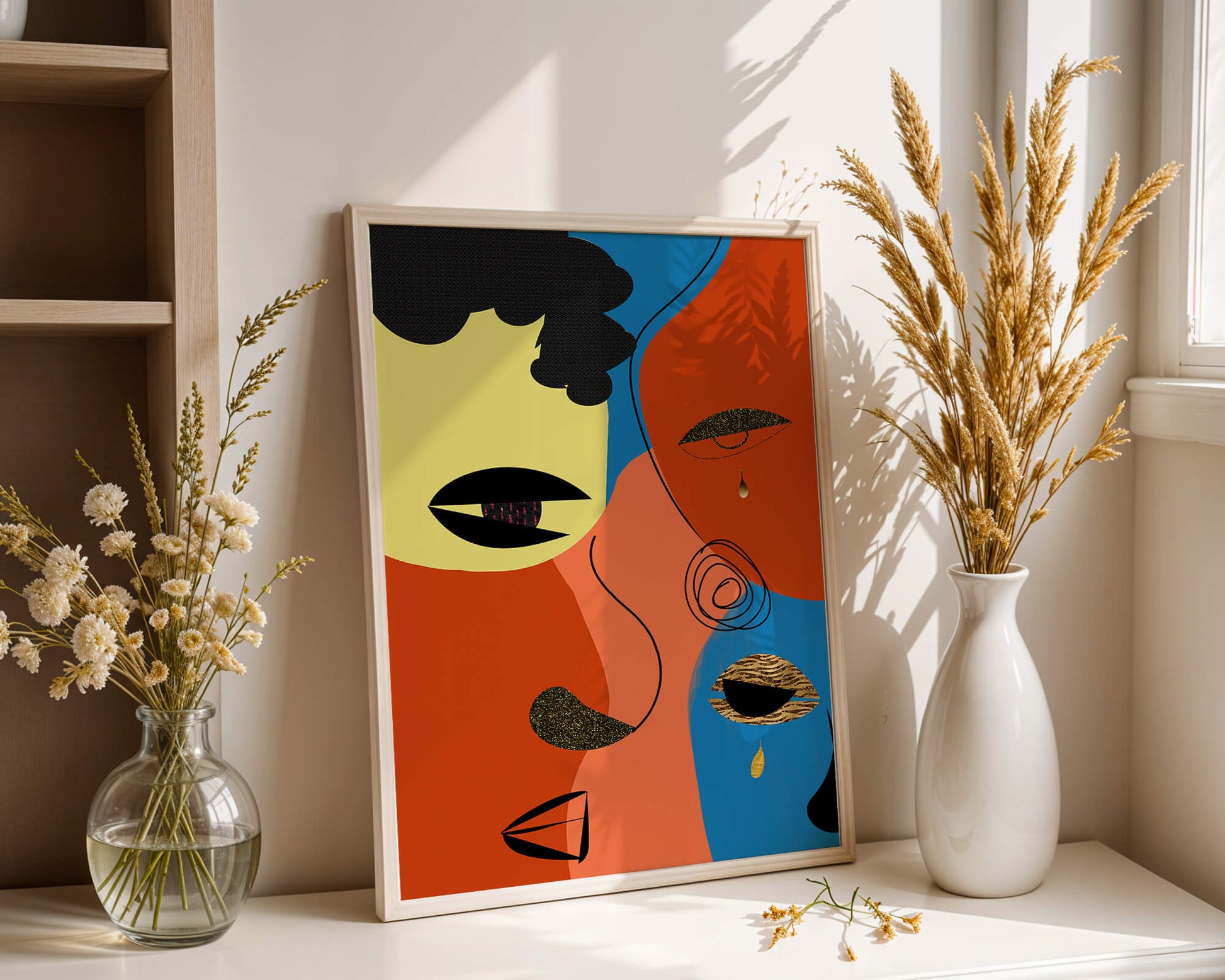 Abstract faces with vibrant colors and gold accents