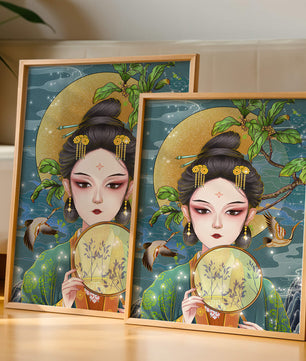 Elegante representación de una mujer con atuendo tradicional sosteniendo un abanico decorativo