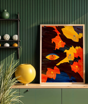 Abstract colorful artwork with eye and silhouettes
