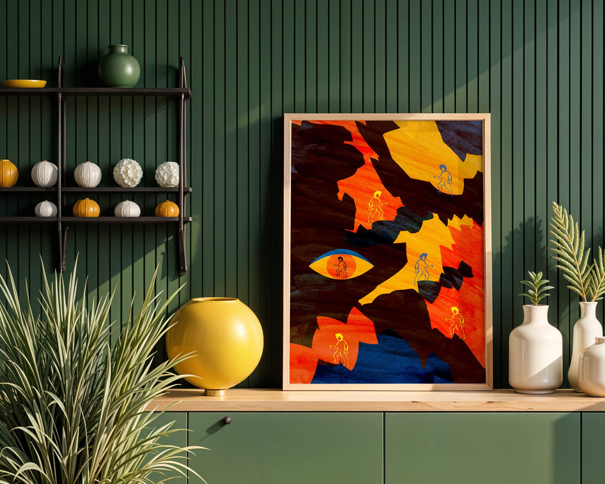 Abstract colorful artwork with eye and silhouettes