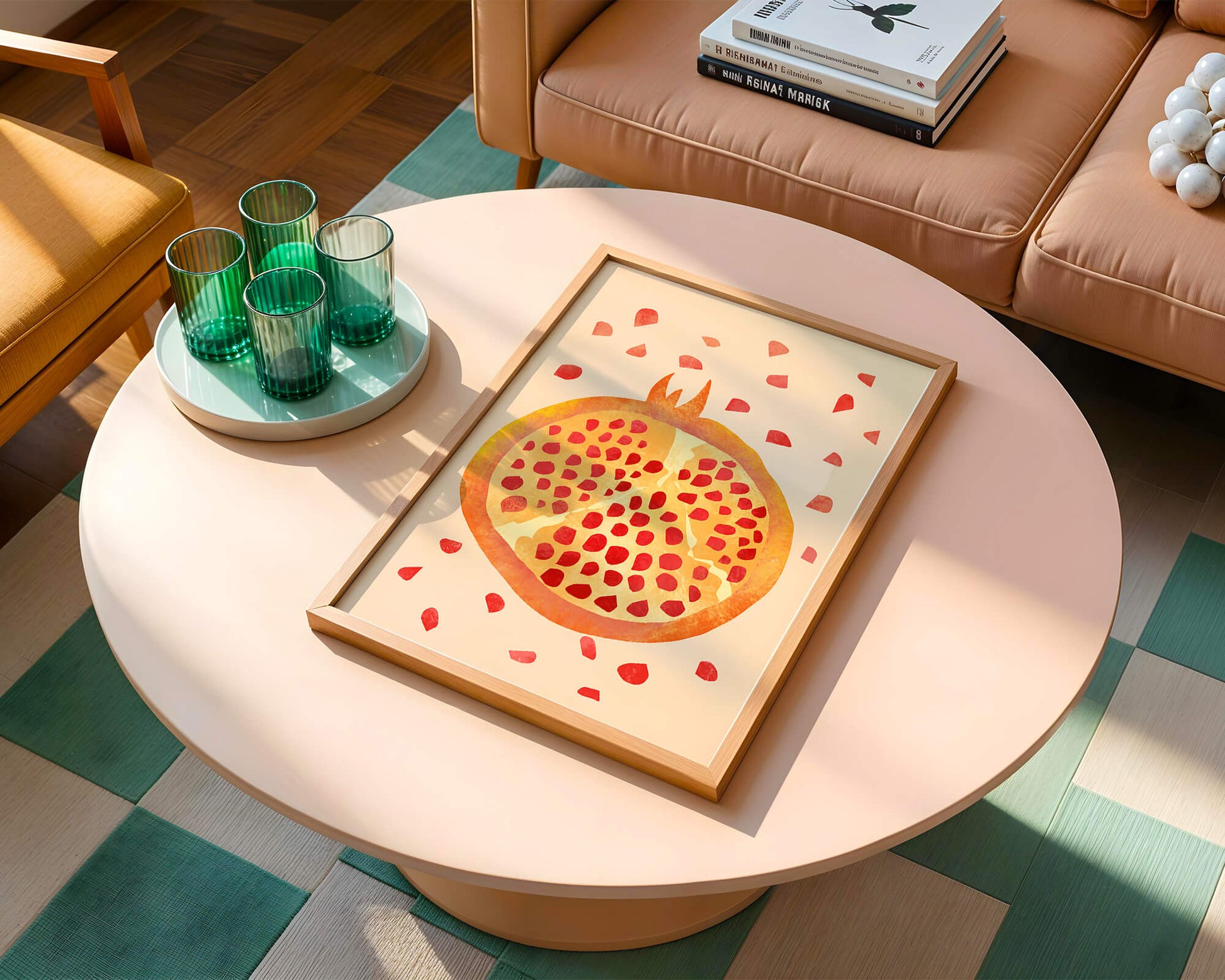 Colorful abstract pomegranate illustration with scattered seeds