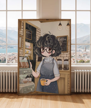 Escena encantadora de café con barista preparando café