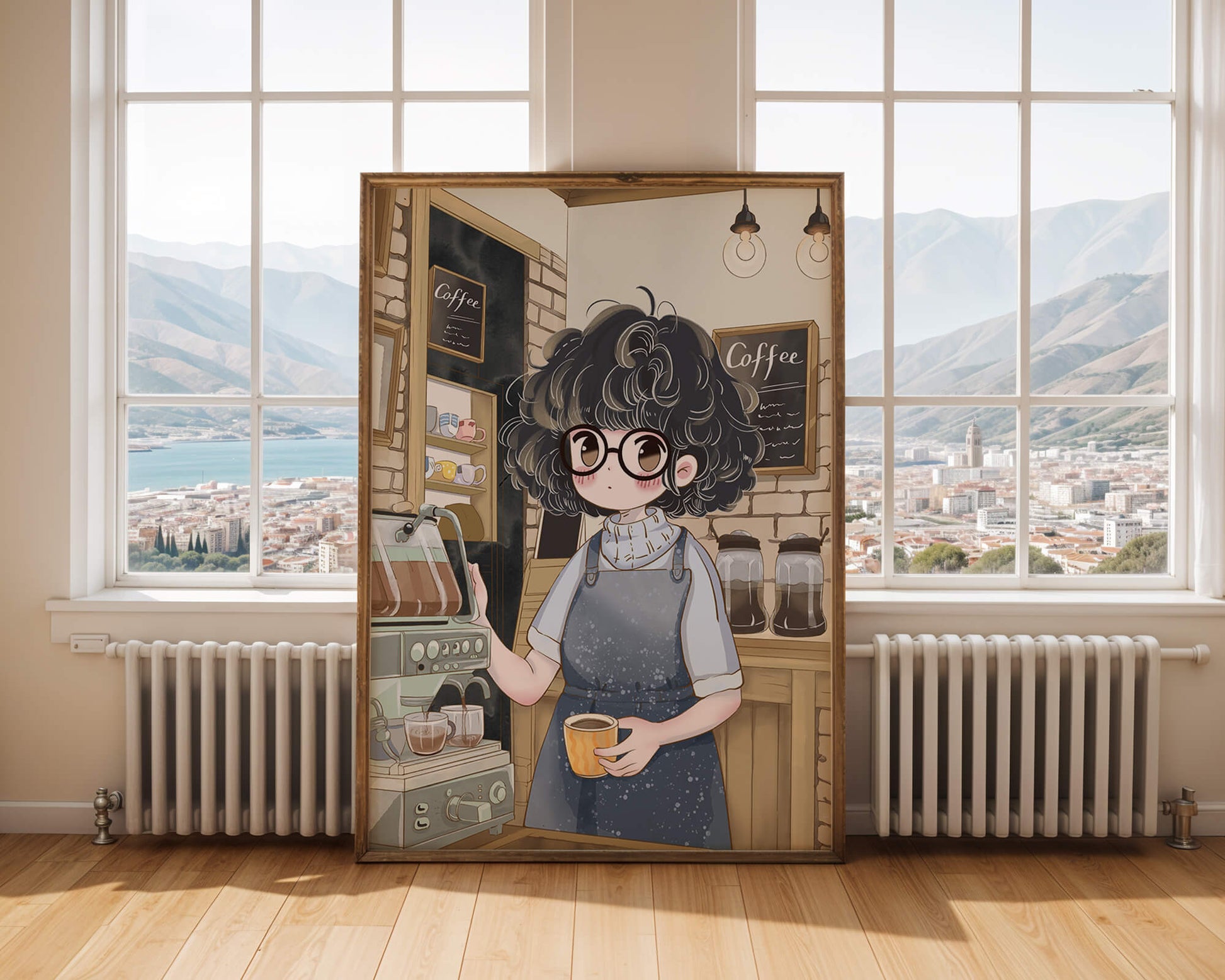 Escena encantadora de café con barista preparando café