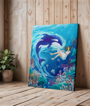 Escena submarina de fantasía con una ballena juguetona y una chica flotando entre corales y medusas