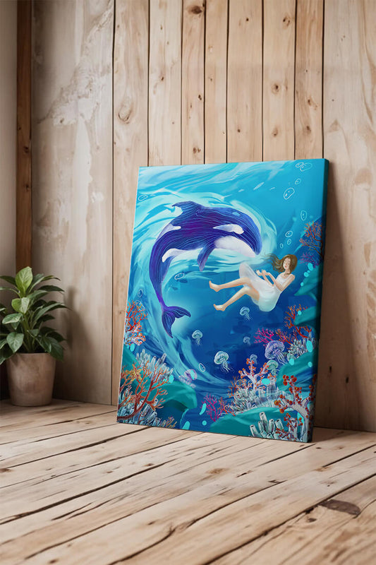 Underwater fantasy scene with a playful whale and a girl floating amidst coral and jellyfish