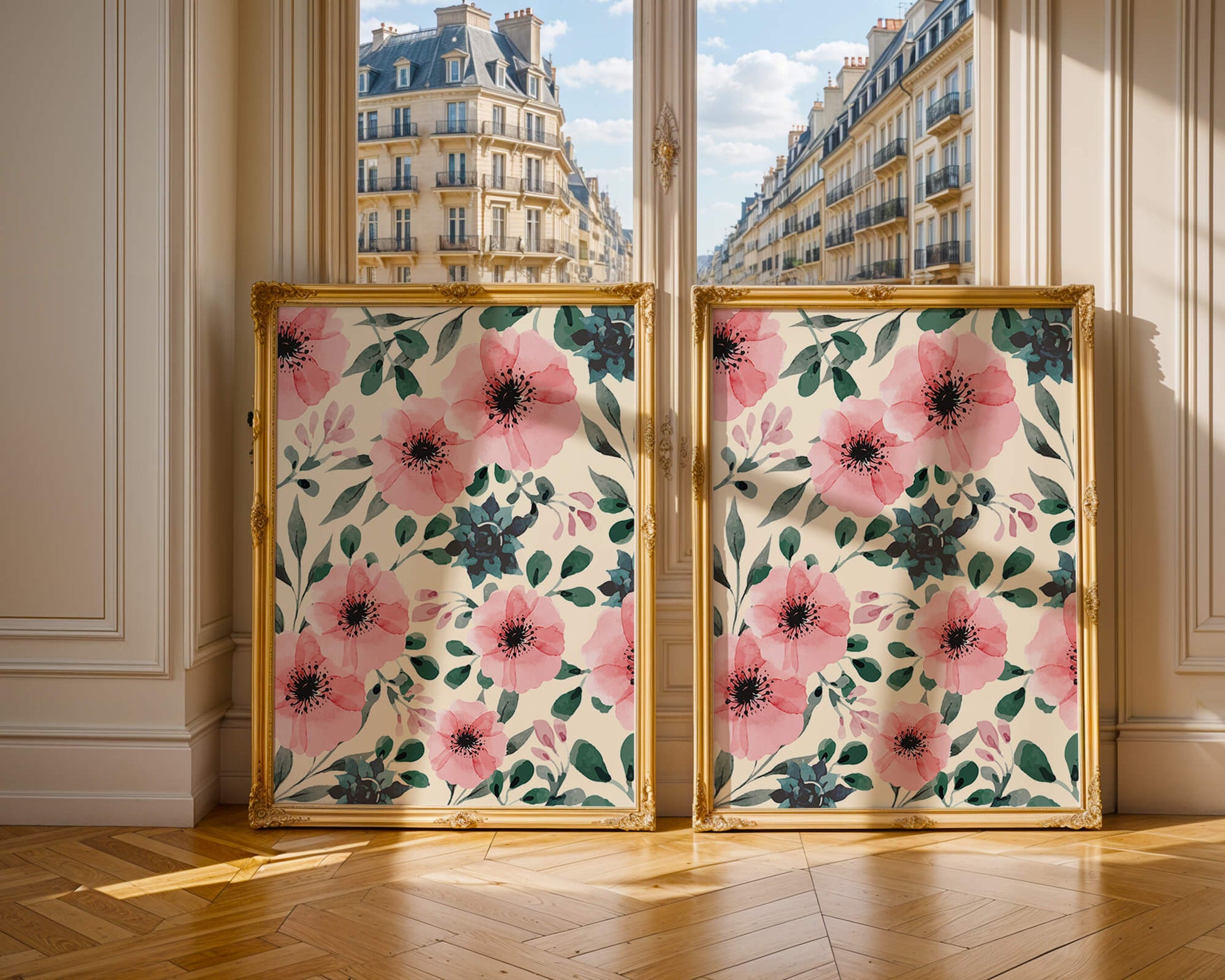 Floral Watercolor Pattern with Pink Flowers and Green Leaves