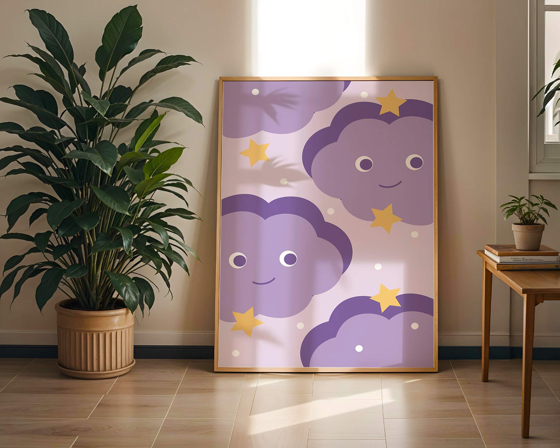 Whimsical purple cloud and star pattern for children's room decor