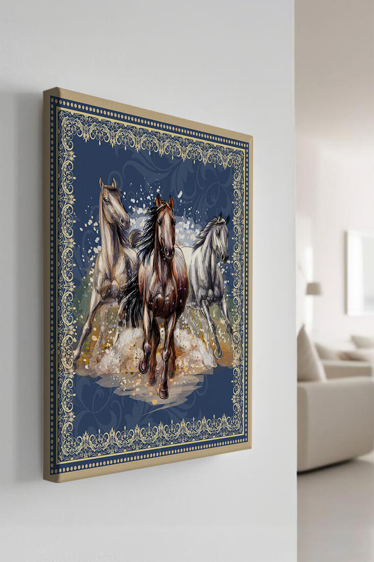 Running horses framed with elegant golden border on a blue background