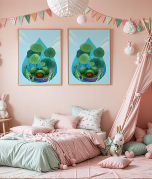 Nature-inspired abstract illustration with leaves and spheres