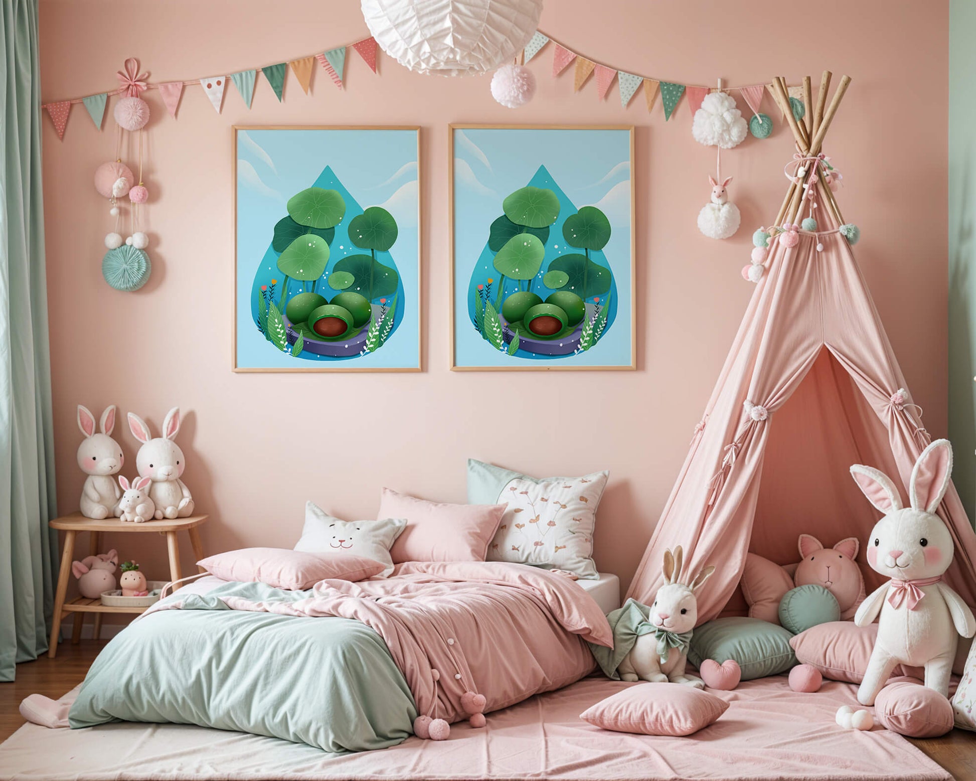 Nature-inspired abstract illustration with leaves and spheres
