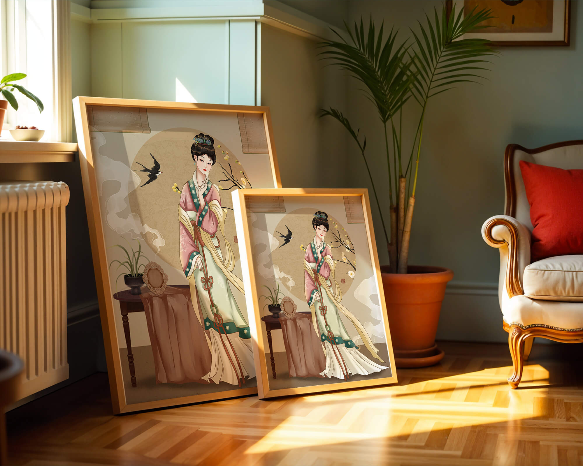 Elegant traditional Asian lady in classic attire with nature elements