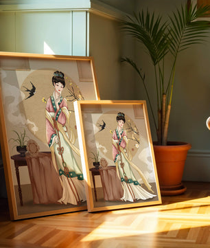 Elegante traditionelle asiatische Dame in klassischer Kleidung mit Naturelementen