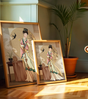 Elegant traditional Asian lady in classic attire with nature elements