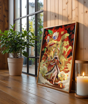 Colorful anime-inspired scene with a lion dance and festive character