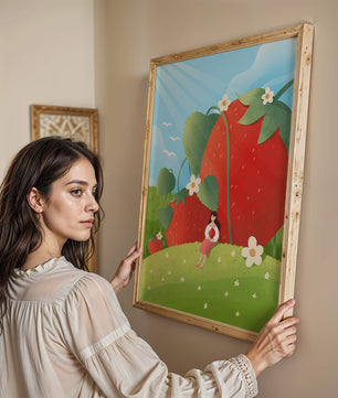 Paysage serein avec d'énormes fraises et une femme dans une prairie en fleurs