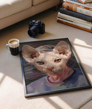Painted portrait of a sphynx cat wearing a casual cap