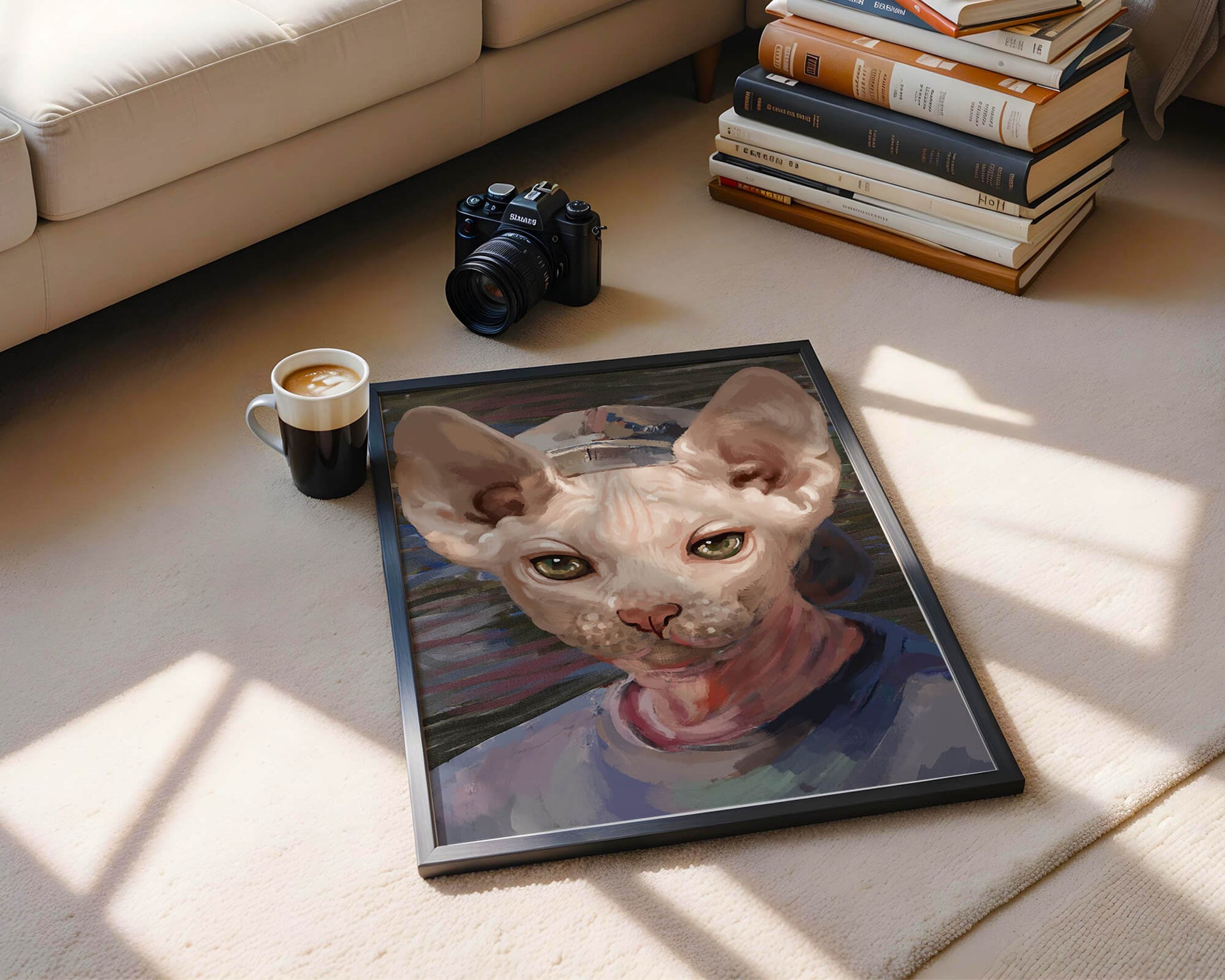Painted portrait of a sphynx cat wearing a casual cap
