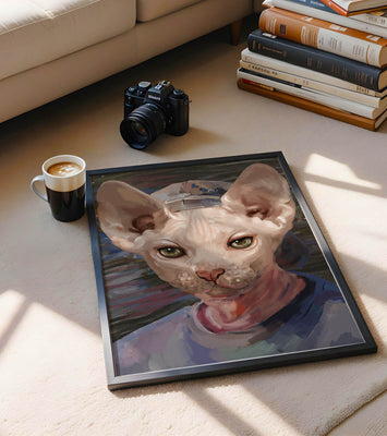 Painted portrait of a sphynx cat wearing a casual cap