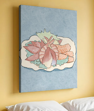 Illustration of seafood platter with shrimp and salmon on a decorative plate