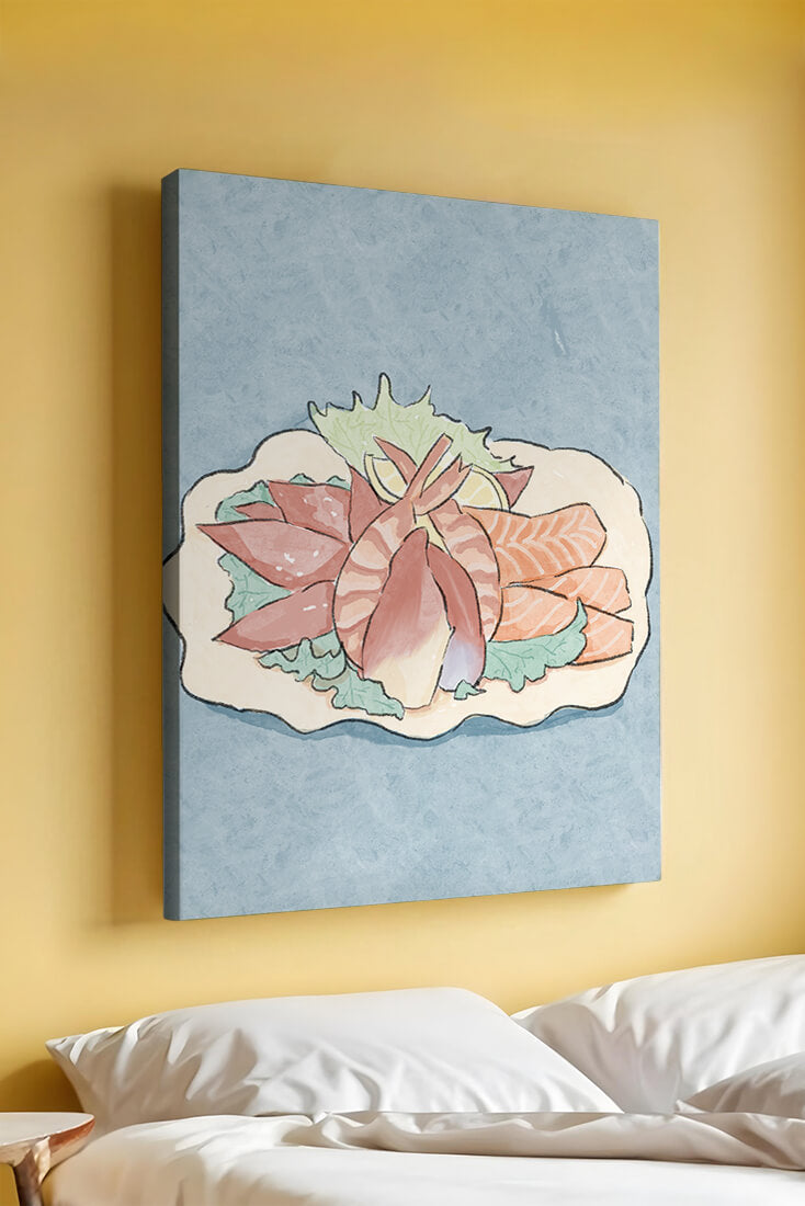 Illustration of seafood platter with shrimp and salmon on a decorative plate