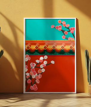 Arquitectura asiática tradicional con cerezos en flor