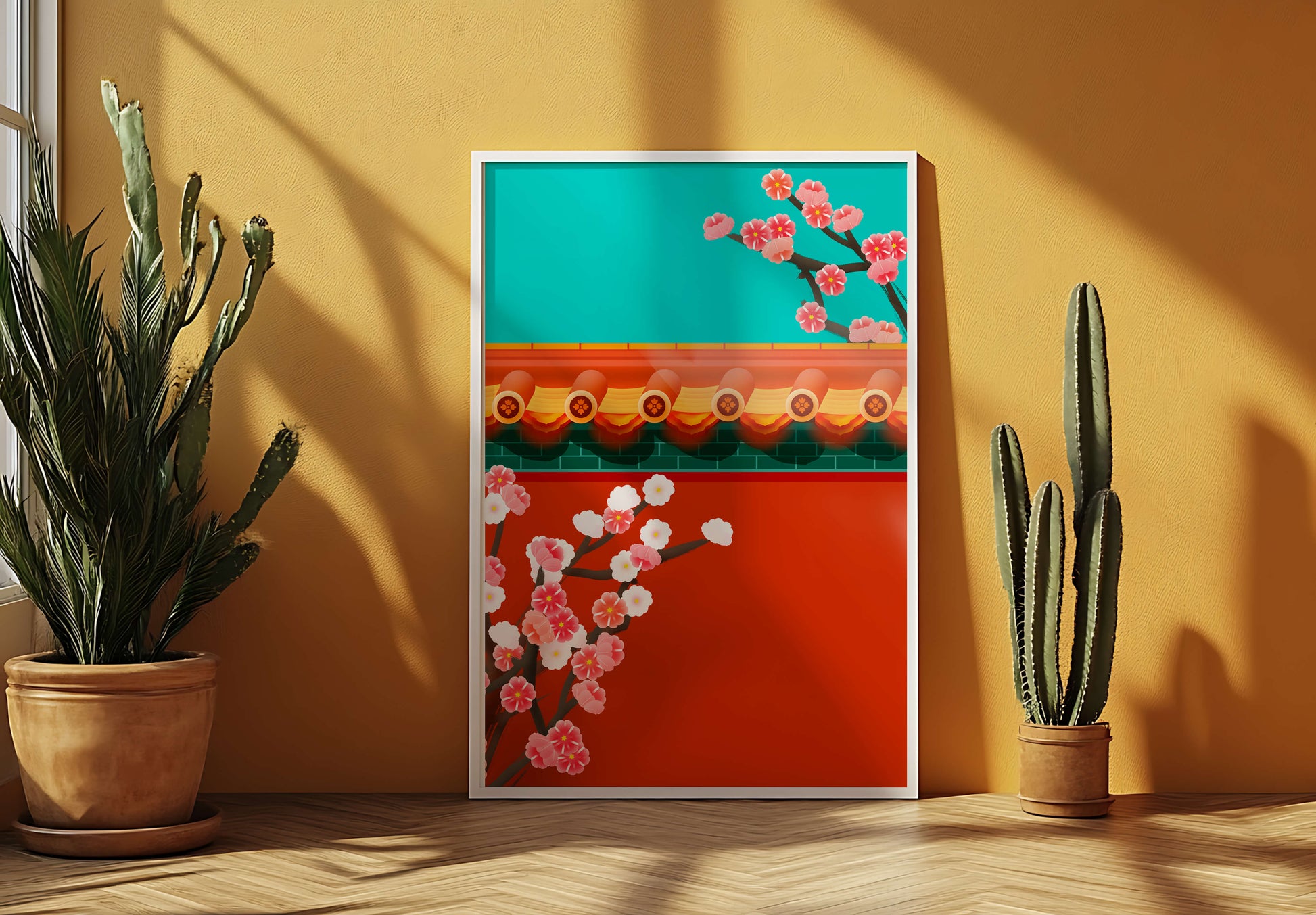 Traditional Asian architecture with cherry blossoms