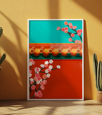 Traditional Asian architecture with cherry blossoms
