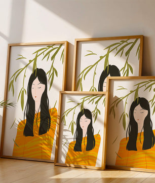 Illustration d'une femme en pull orange avec un fond de feuillage