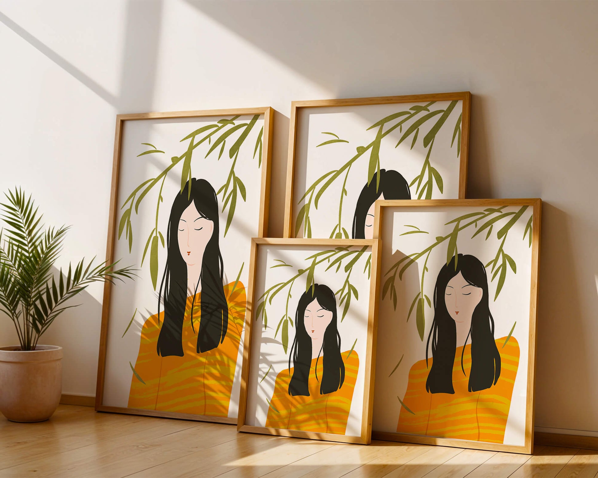 Woman in orange sweater with foliage backdrop illustration