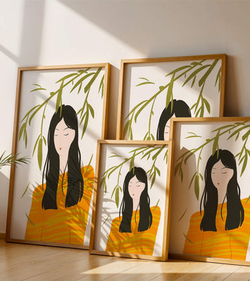 Woman in orange sweater with foliage backdrop illustration