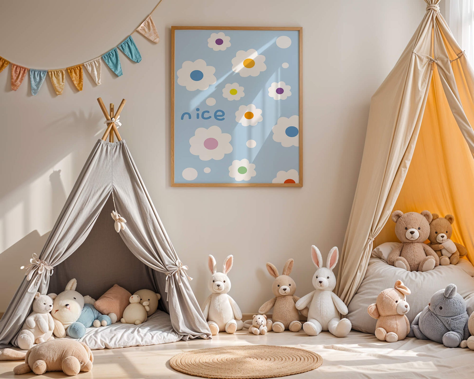 Pastel floral pattern with colorful centers on a blue background