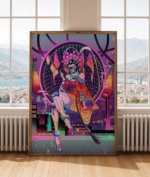 Personaje futurista con atuendo tradicional asiático y telón de fondo de ciudad neón