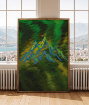Abstract mountain landscape with vibrant colors and geometric lines