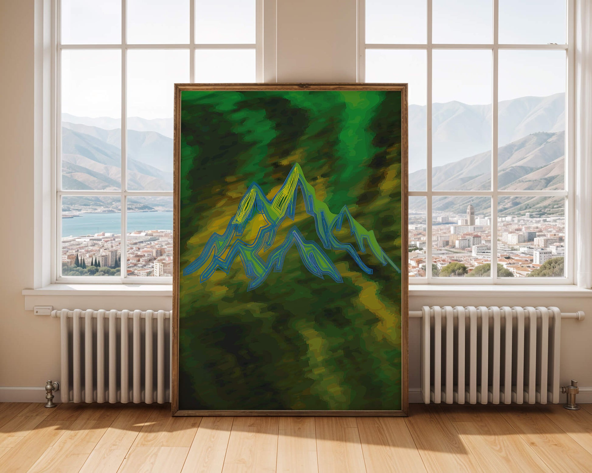 Abstract mountain landscape with vibrant colors and geometric lines