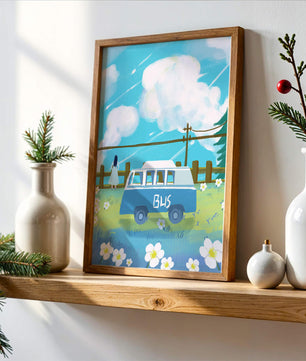 Ilustración escénica con autobús azul y prado en flor