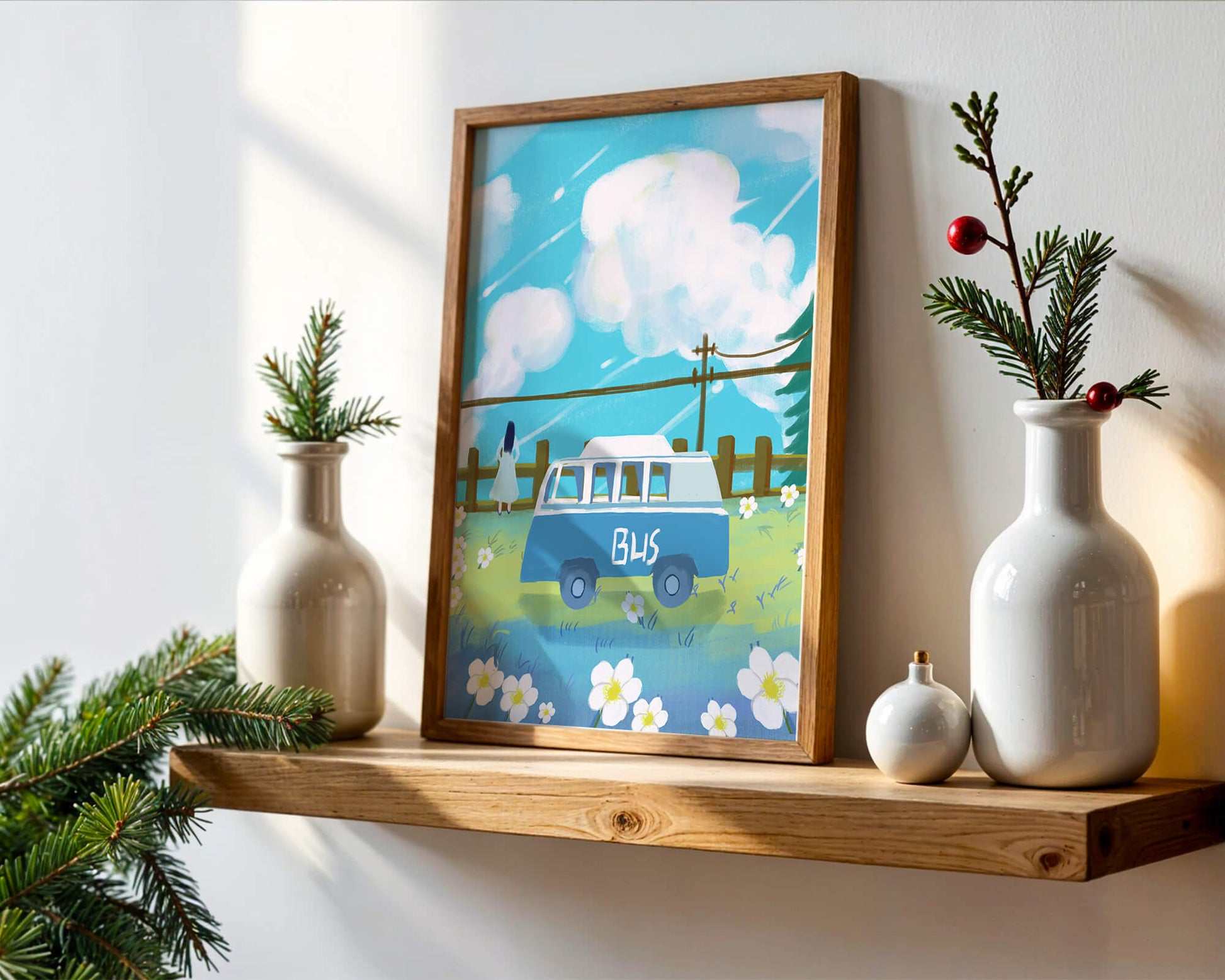 Ilustración escénica con autobús azul y prado en flor