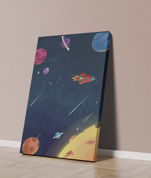 Farbenfrohes Weltraumabenteuer mit Planeten und Raketenillustration