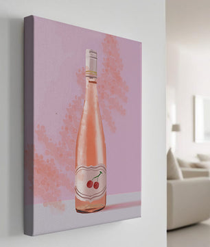 Illustrated wine bottle with a cherry label on pink background